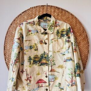 CHICO’s CHINOISSERIE INSPIRED DENIM LINEN BLEND LONG SLEEVE JACKET XL NOVELTY